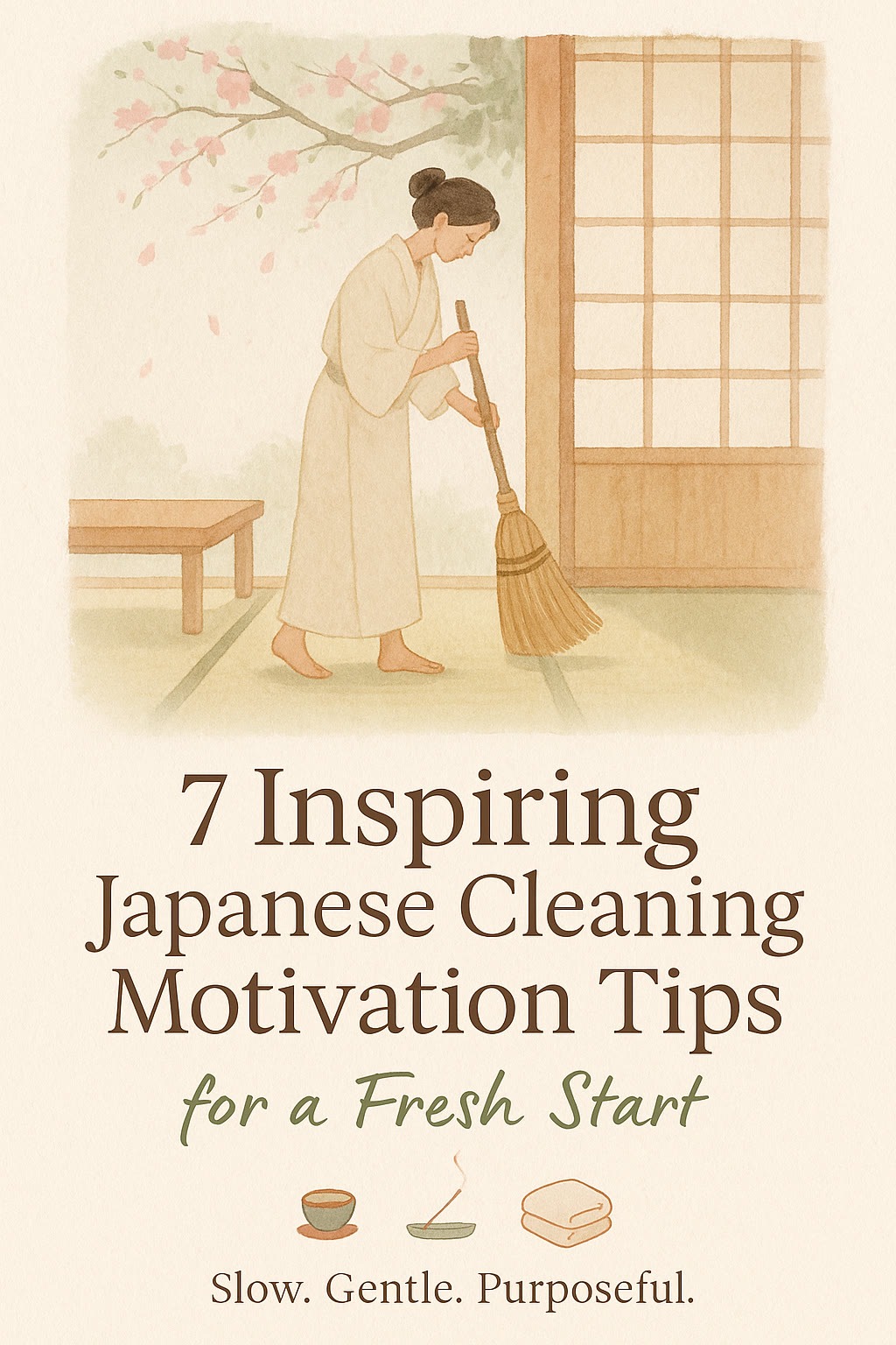 A woman in traditional clothing sweeps the floor with a broom in a minimalist Japanese room. Text reads: "7 Inspiring Japanese Cleaning Motivation Tips for a Fresh Start.