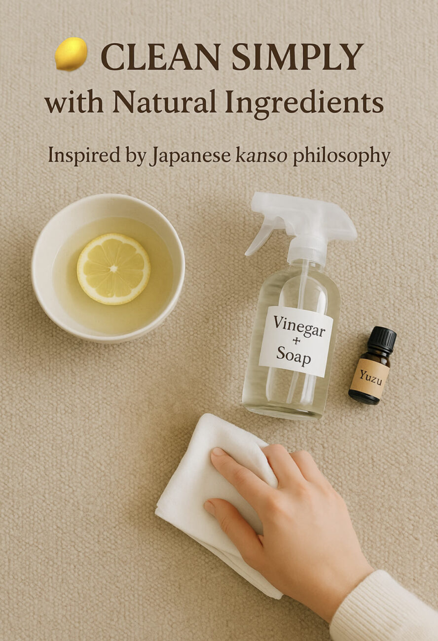 A hand wipes a beige surface with a cloth next to a bowl with lemon, a spray bottle labeled "Vinegar + Soap," and a small bottle labeled "Yuzu." Text promotes natural cleaning.