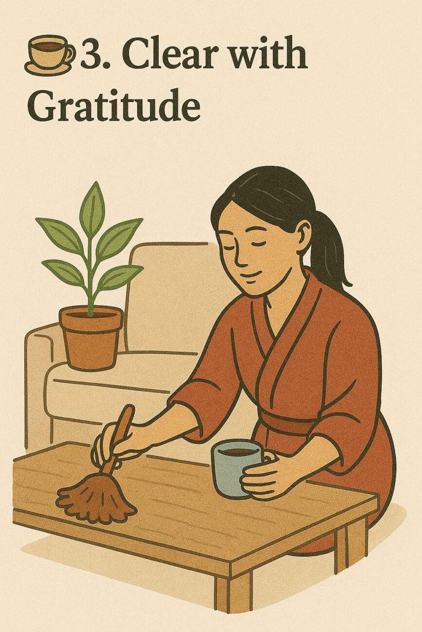 A woman in a robe dusts a coffee table with a cleaning cloth while holding a mug, sitting beside a potted plant and a sofa. The text reads: “3. Clear with Gratitude.”.