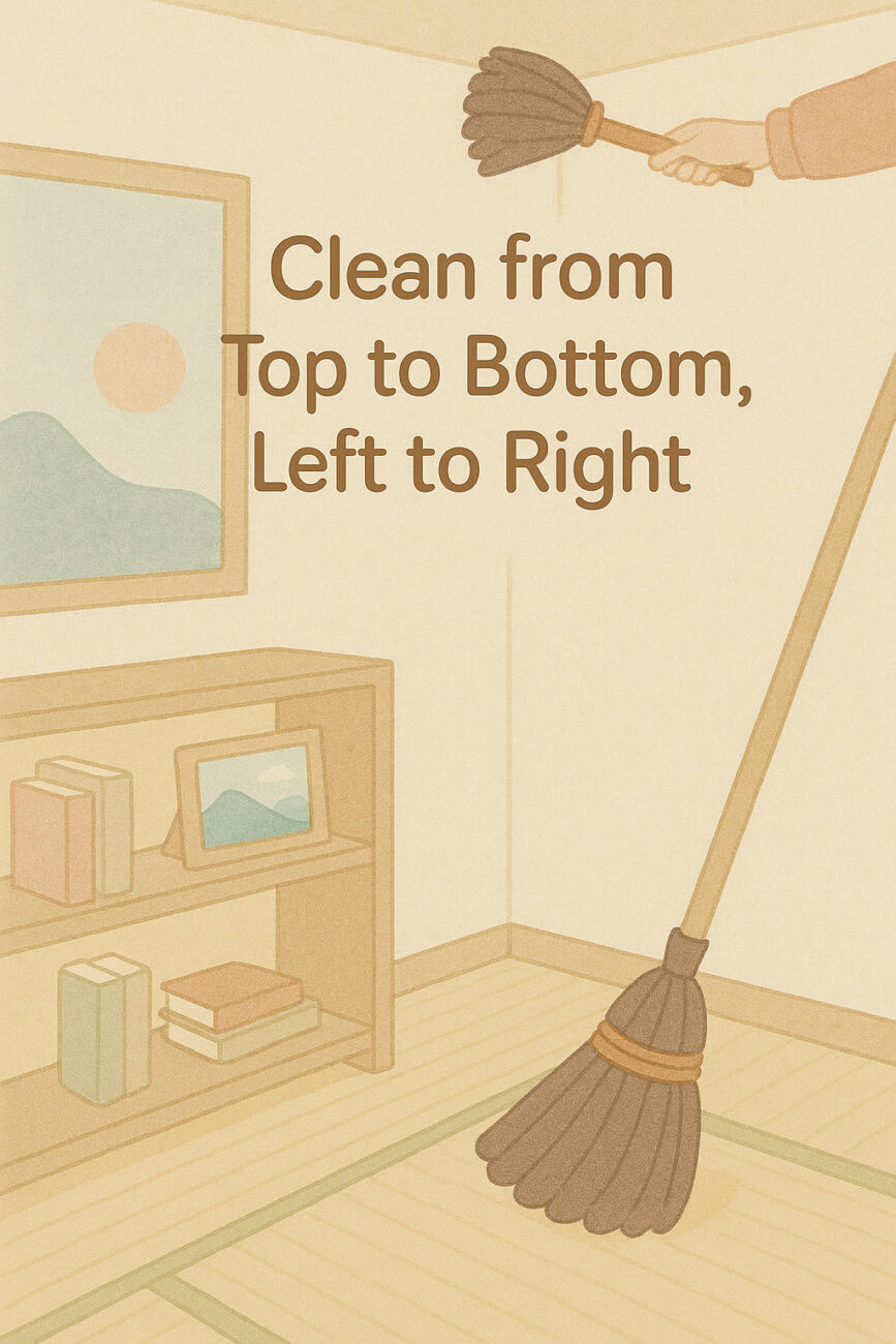 A room with a person sweeping the ceiling and floor, accompanied by the text: "Clean from Top to Bottom, Left to Right.