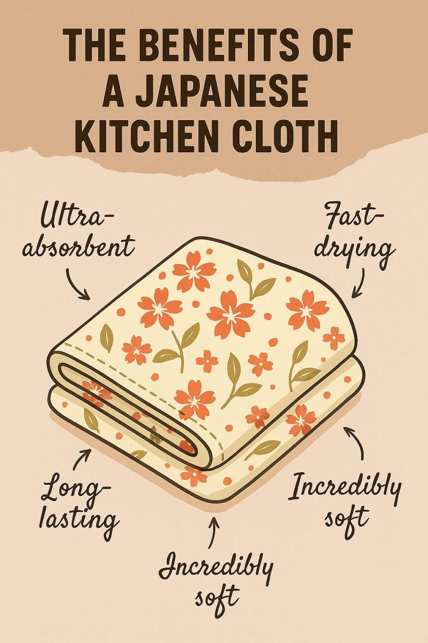 Illustration of a Japanese kitchen cloth with floral pattern, highlighting its benefits: ultra-absorbent, fast-drying, long lasting, and incredibly soft.