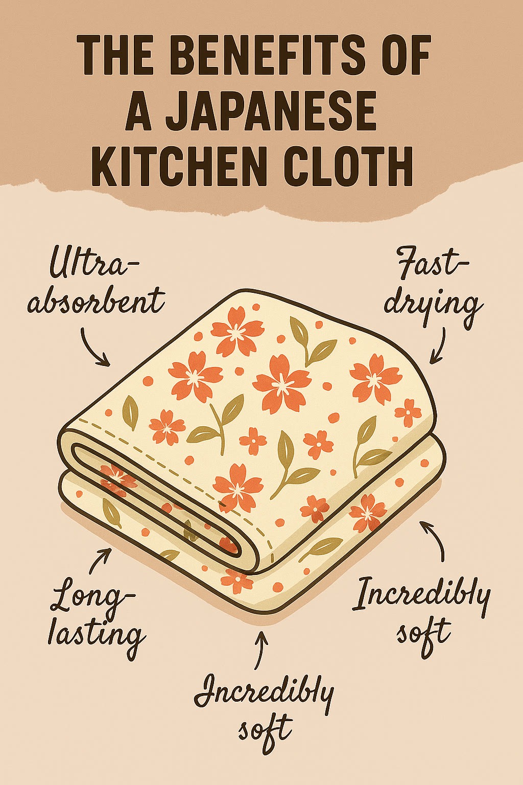 Illustration of a floral Japanese kitchen cloth with text highlighting its benefits: ultra-absorbent, fast-drying, long-lasting, and incredibly soft.