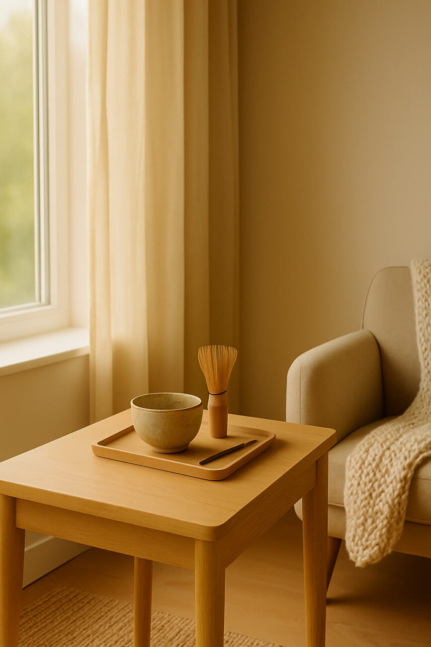 A beige ceramic bowl and bamboo whisk sit on a wooden tray atop a light wood table next to a cream-colored armchair with a knitted blanket in a softly lit room.