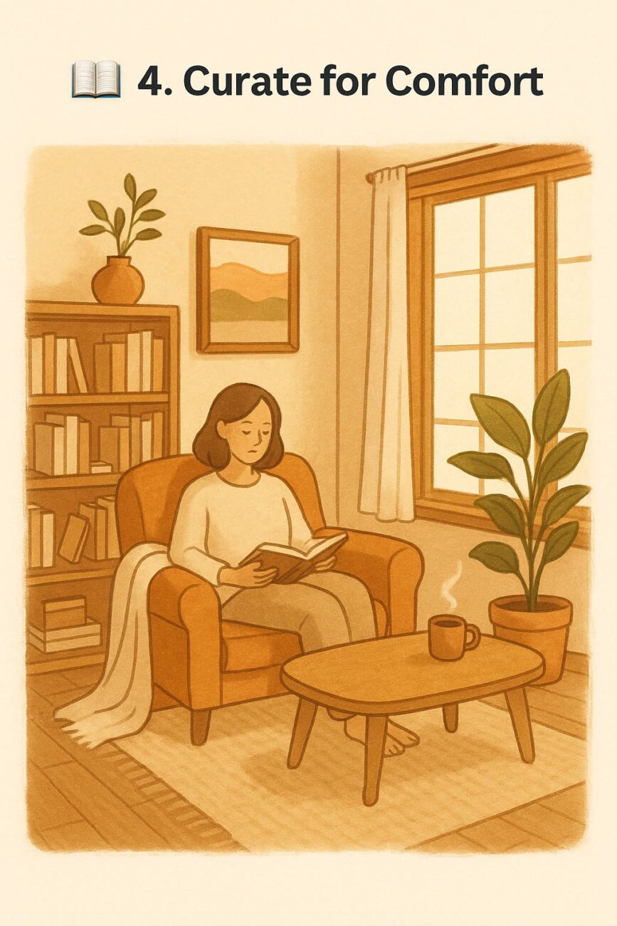 A woman sits in an armchair reading a book in a cozy living room with a bookshelf, plants, a window, and a coffee mug on a table.