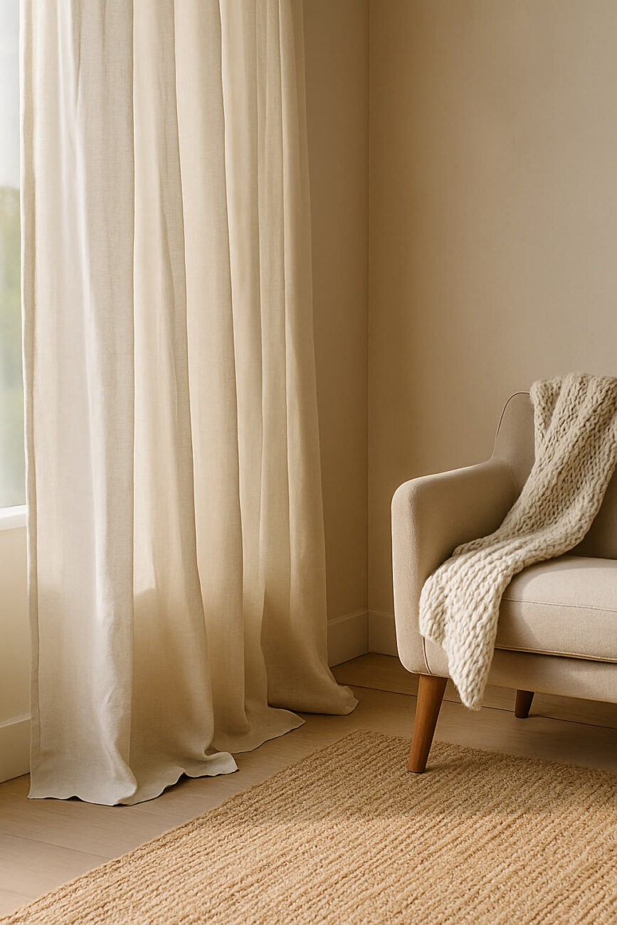 A beige armchair with a knitted blanket sits beside a window with sheer curtains; a woven rug covers the wooden floor.