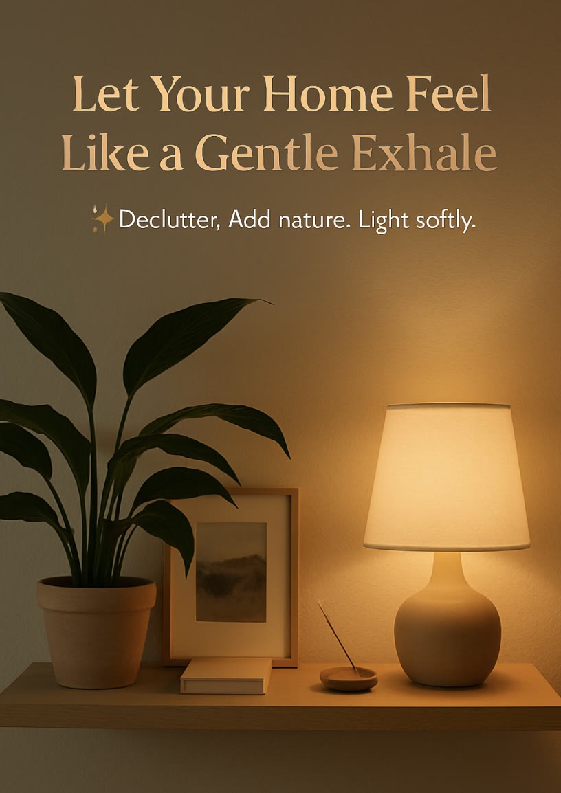 A softly lit table lamp, potted plant, framed photo, and closed book are arranged on a wooden shelf against a beige wall with calming text about home ambiance.