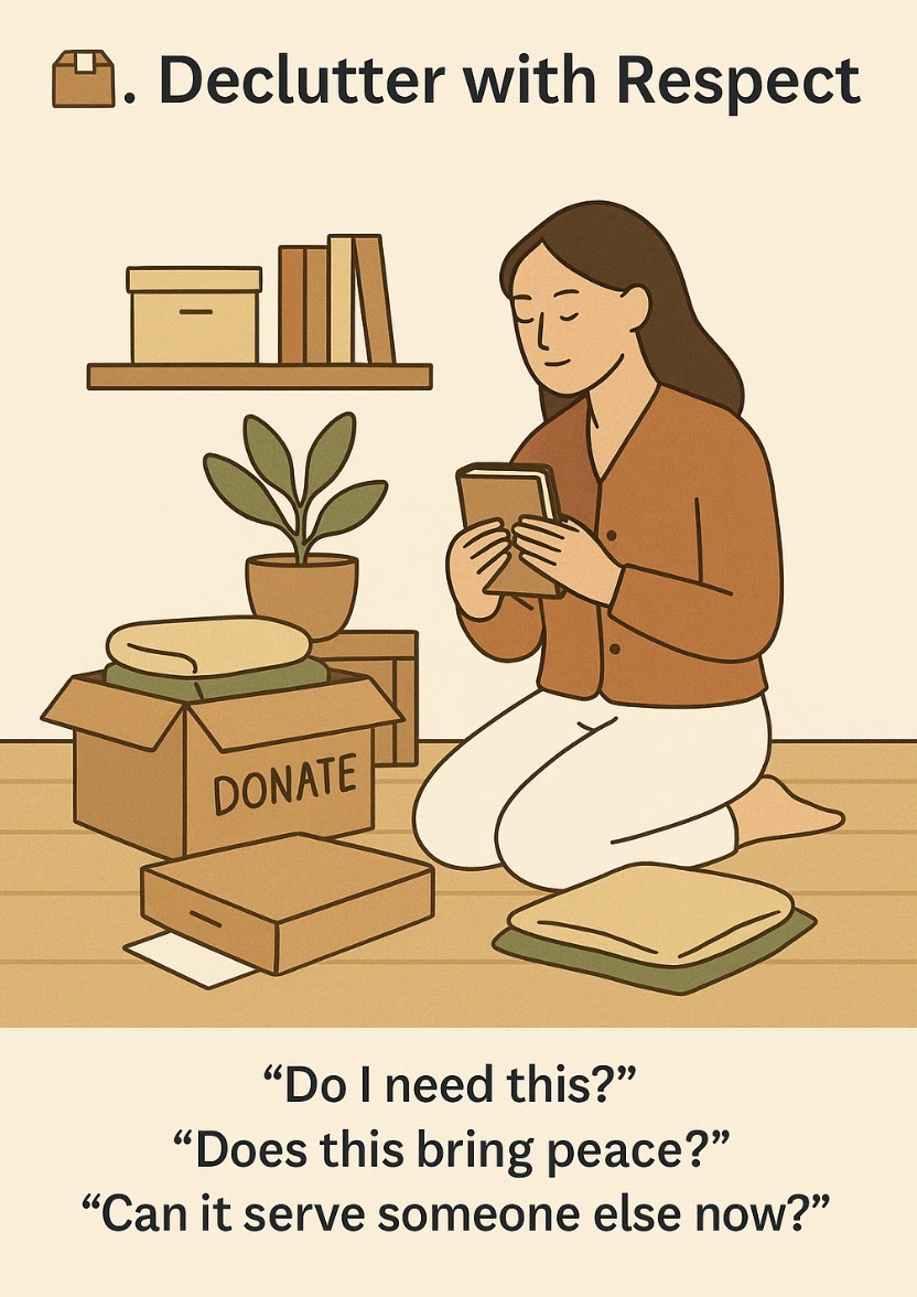 A woman kneels on the floor sorting items near boxes labeled "DONATE," with folded clothes and a plant nearby. Text reads: "Declutter with Respect" and questions about letting go.
