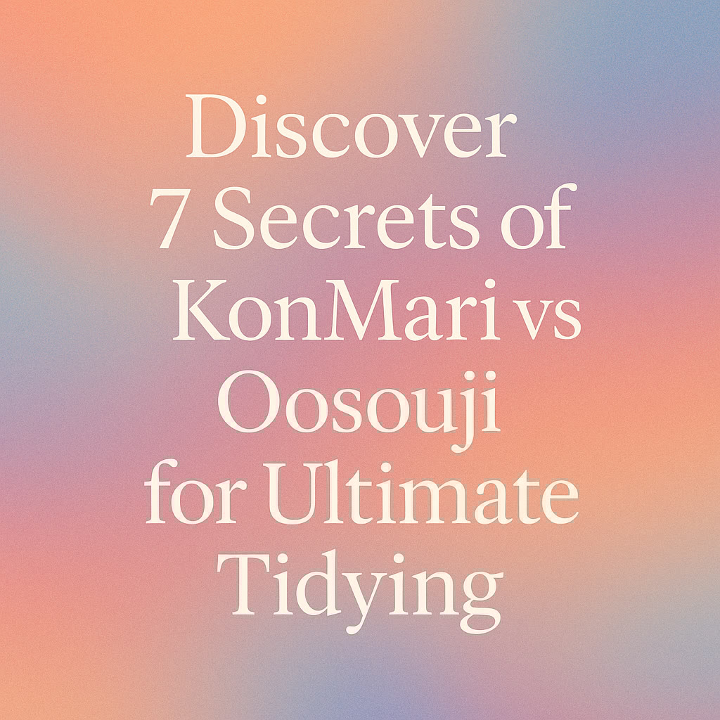 Text on a pastel gradient background reads: "Discover 7 Secrets of KonMari vs Oosouji for Ultimate Tidying.