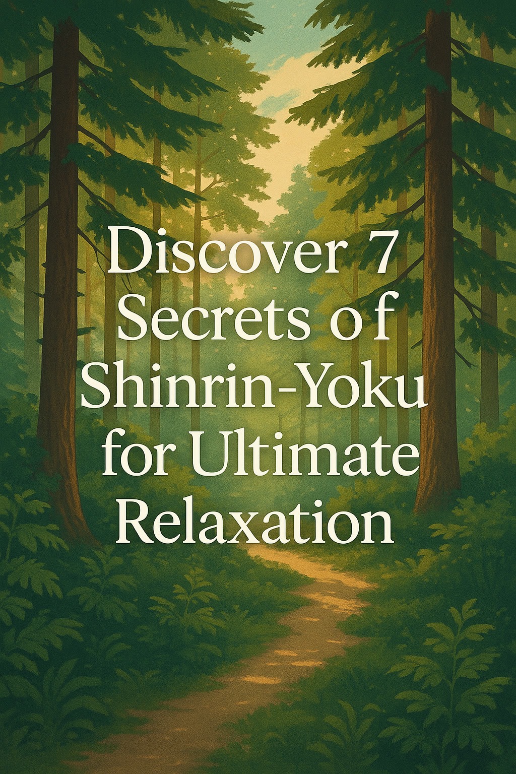A sunlit forest path with tall trees and green foliage, overlaid with the text: “Discover 7 Secrets of Shinrin-Yoku for Ultimate Relaxation.”.