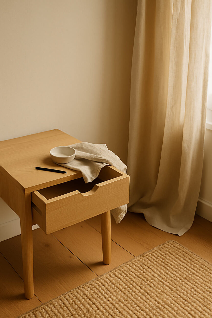 A light wooden bedside table with an open drawer, a pencil, a small white bowl, and a beige cloth sits next to a window with beige curtains and a woven rug on the floor.