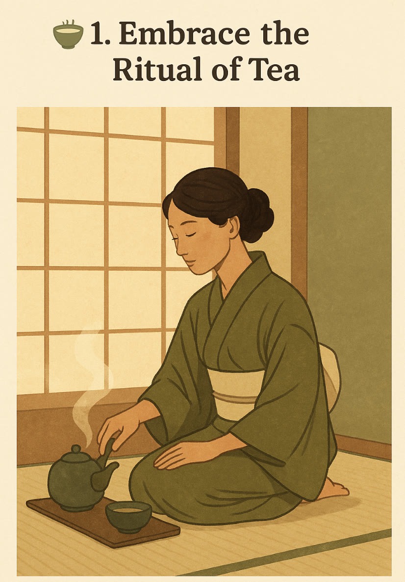 A woman in a green kimono sits on a mat and prepares tea with a teapot and cup. Text above reads, "1. Embrace the Ritual of Tea.