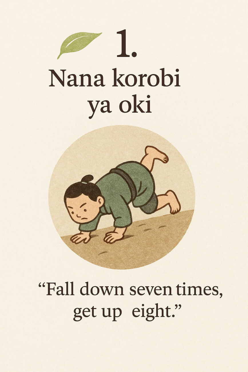 Illustration of a person in green clothing rising from the ground, with the phrase “Fall down seven times, get up eight” and the Japanese proverb "Nana korobi ya oki.