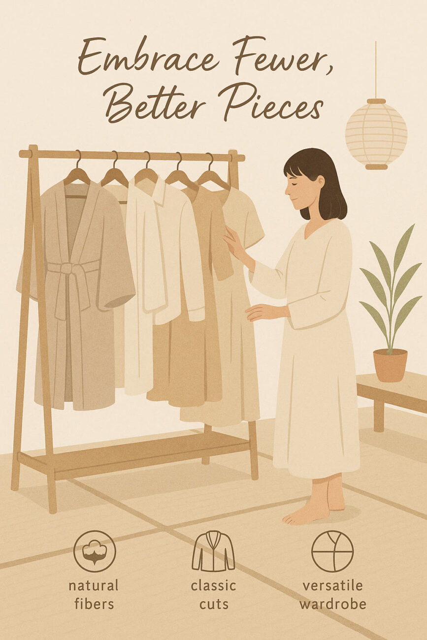 A woman in a robe stands by a clothing rack with neutral-toned garments. Icons below highlight natural fibers, classic cuts, and a versatile wardrobe.