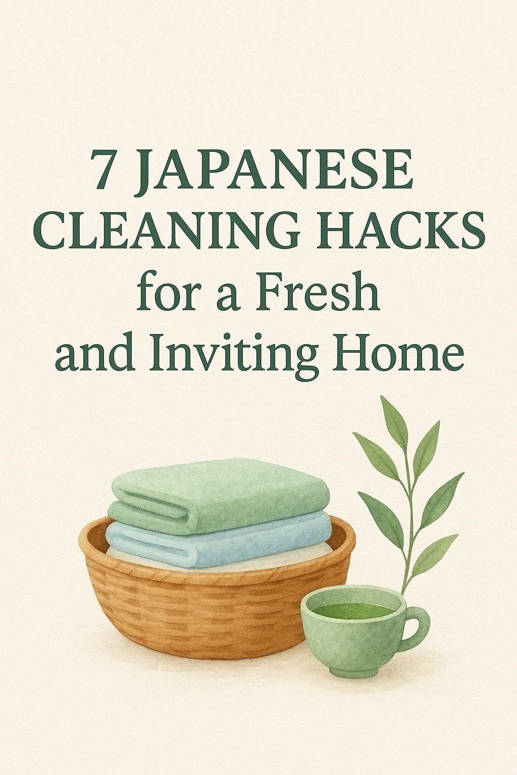 Illustration of a basket with folded towels, a potted plant, and a cup, with text that reads "7 Japanese Cleaning Hacks for a Fresh and Inviting Home.