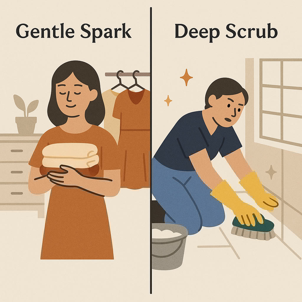 A woman holds folded towels labeled "Gentle Spark"; a man wearing gloves scrubs a floor labeled "Deep Scrub.