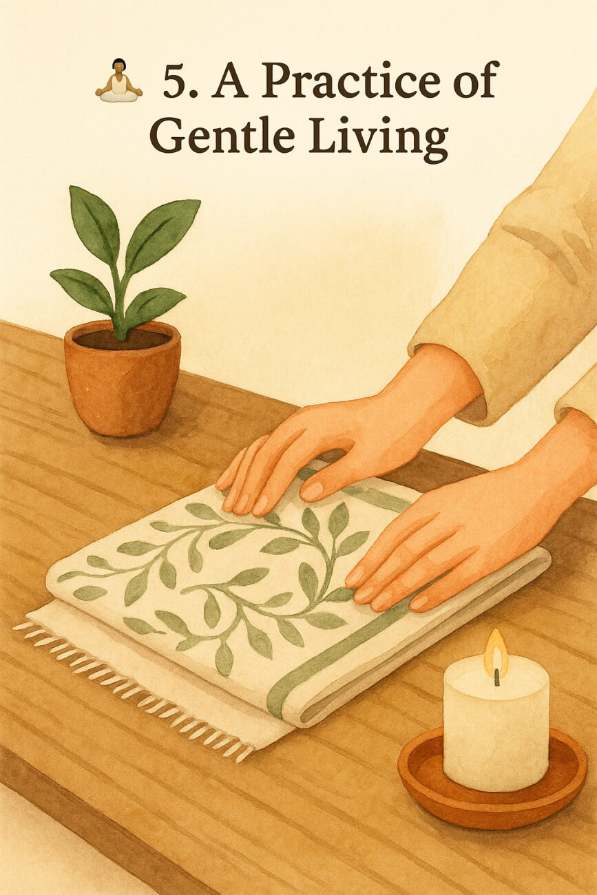 A person gently folds a patterned cloth on a table with a potted plant and a lit candle nearby; text reads "5. A Practice of Gentle Living.