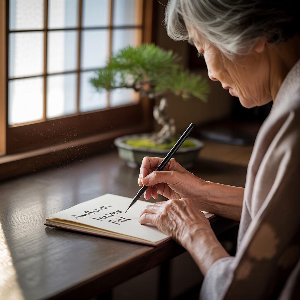 An elderly woman writes "Autumn leaves fall" in a notebook with a brush pen, seated by a window with a bonsai tree visible in the background.