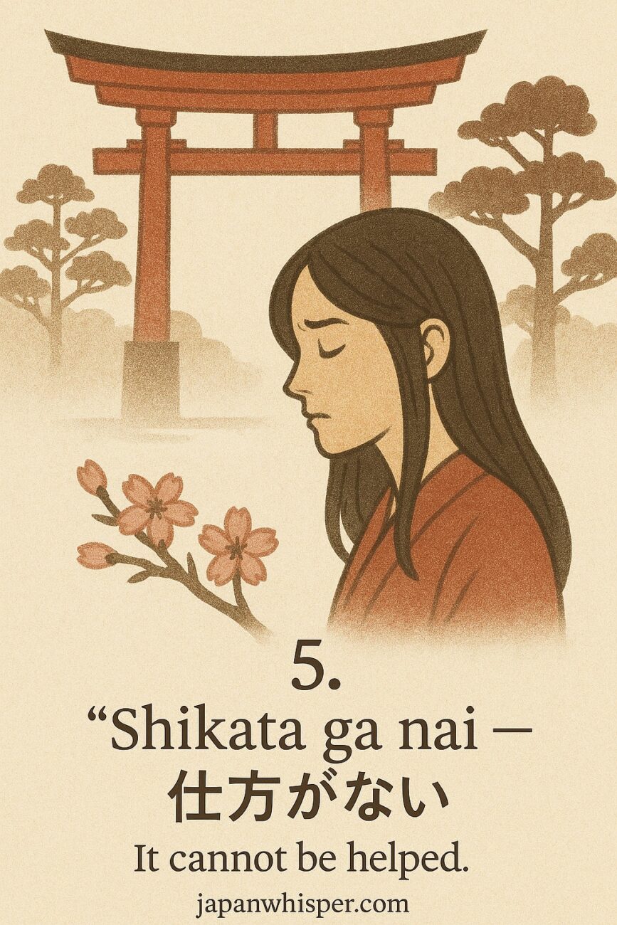 A woman in traditional clothing stands by cherry blossoms with her eyes closed. Behind her are trees and a torii gate. Text reads: "'Shikata ga nai—It cannot be helped.