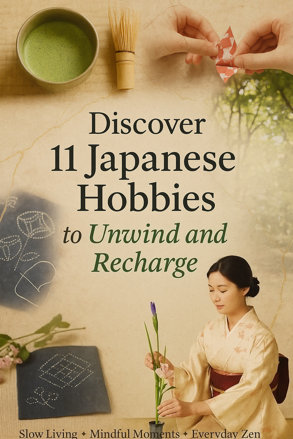 A collage shows Japanese tea ceremony, origami, ikebana flower arranging, and embroidery, with the text “Discover 11 Japanese Hobbies to Unwind and Recharge.”.