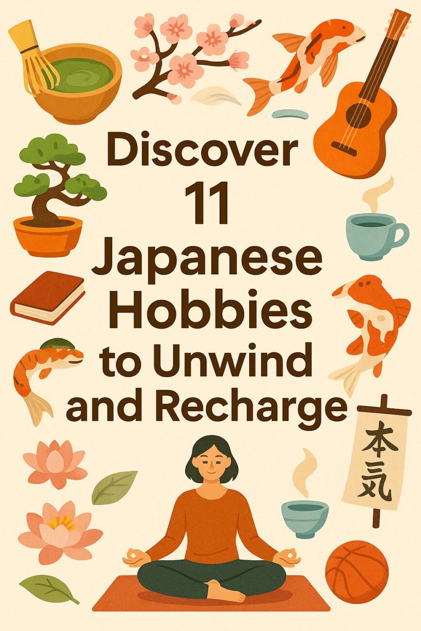 An illustrated poster reads "Discover 11 Japanese Hobbies to Unwind and Recharge," surrounded by images like koi fish, tea, a guitar, bonsai, and a meditating person.