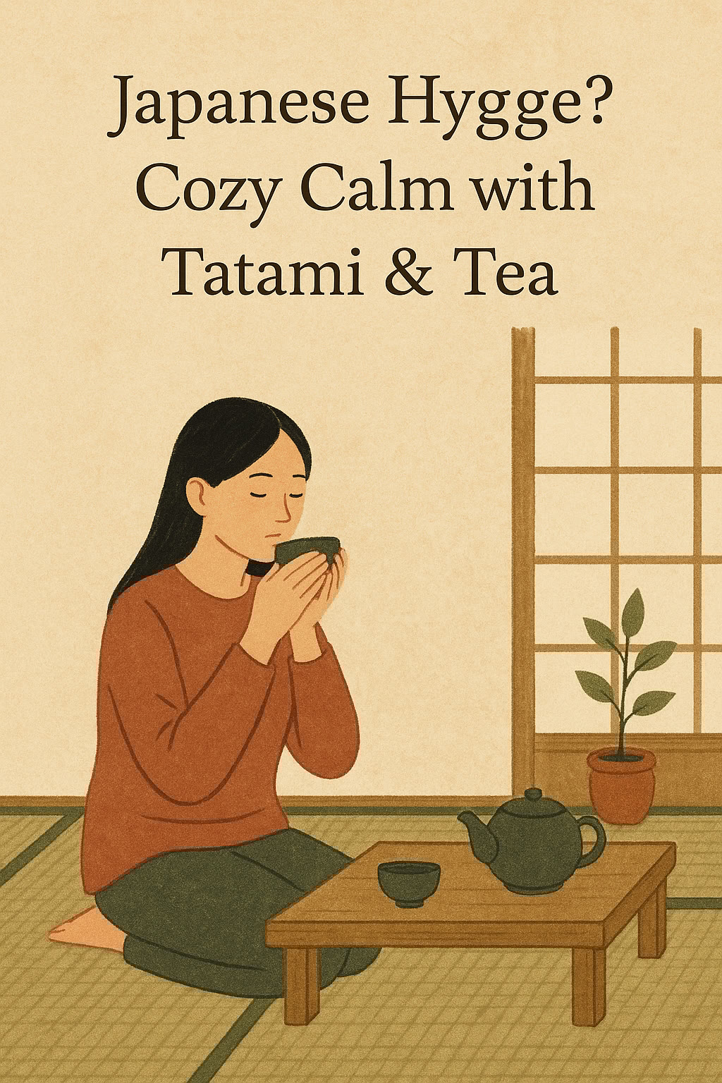 Illustration of a woman sitting on a tatami mat, holding a teacup beside a low table with a teapot, a cup, and a potted plant, with text about Japanese coziness.