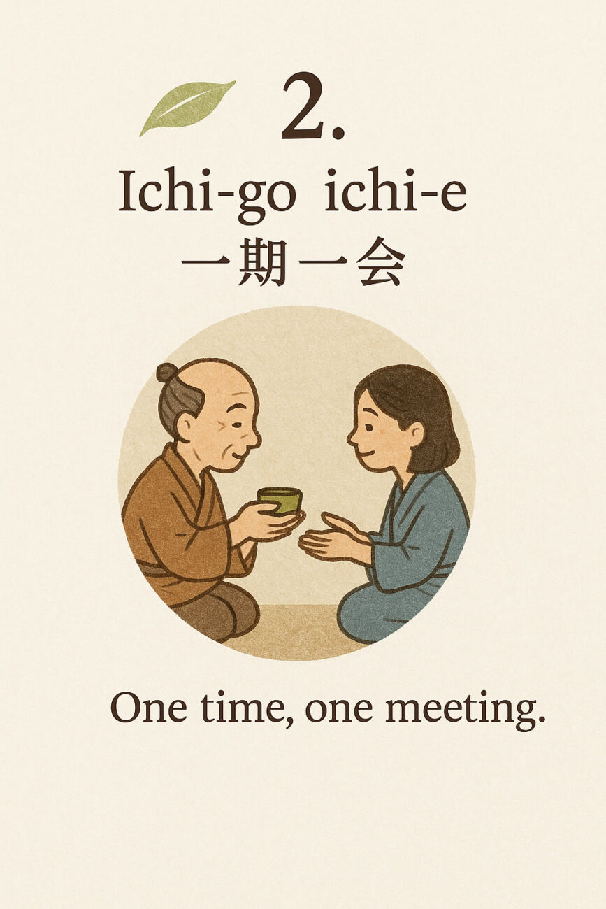 Illustration of two people in traditional attire sharing tea, accompanied by the text "Ichi-go ichi-e: One time, one meeting" in English and Japanese.