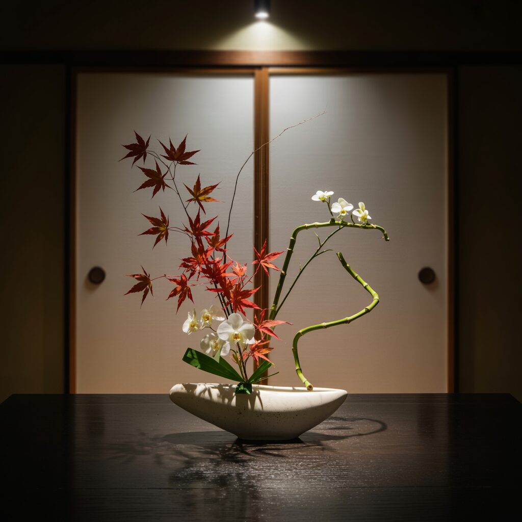 A minimalist flower arrangement with red maple leaves and white orchids in a white vase sits on a dark table, illuminated by a spotlight in front of sliding doors.