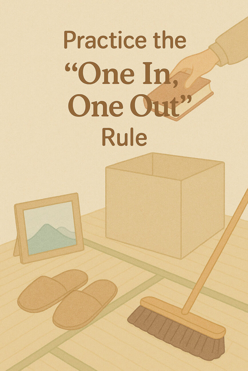A hand places a book into a box beside a framed picture, slippers, and a broom. Text reads: "Practice the 'One In, One Out' Rule.