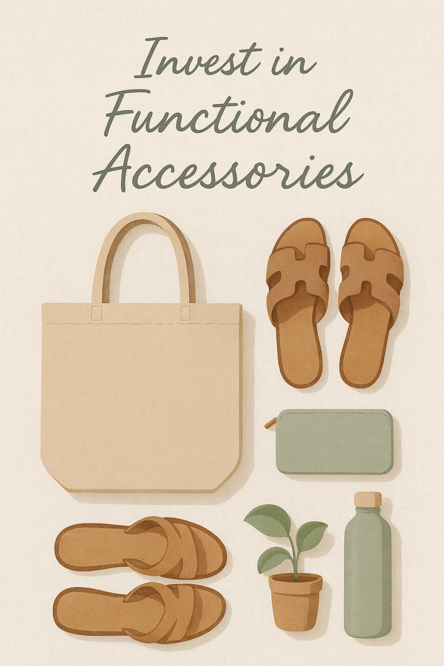 Illustration of a tote bag, two pairs of sandals, a wallet, a potted plant, and a water bottle with the text "Invest in Functional Accessories.