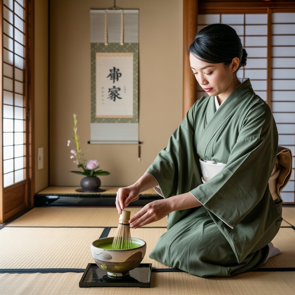 A woman in a green kimono prepares matcha tea in a traditional Japanese tatami room with shoji screens and a hanging scroll.