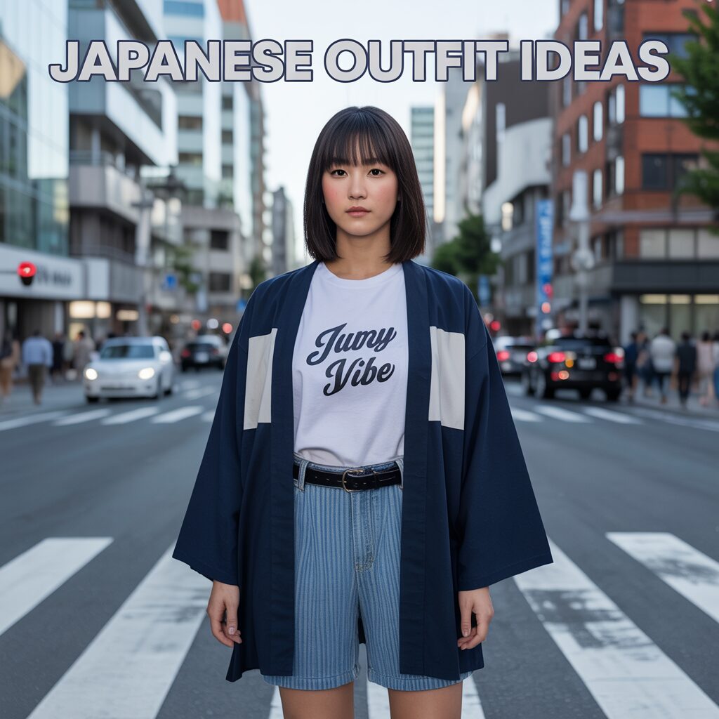 A woman stands on a city crosswalk wearing a casual outfit with a kimono-style jacket, striped shorts, and a "Juicy Vibe" T-shirt. Text reads "Japanese Outfit Ideas.