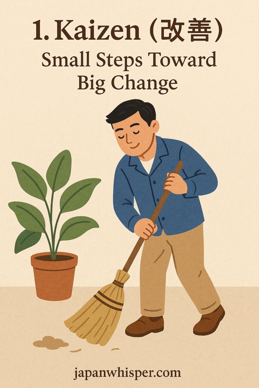 Illustration of a man sweeping the floor near a potted plant with text: "Kaizen (改善) Small Steps Toward Big Change" and the website japanwhisper.com.