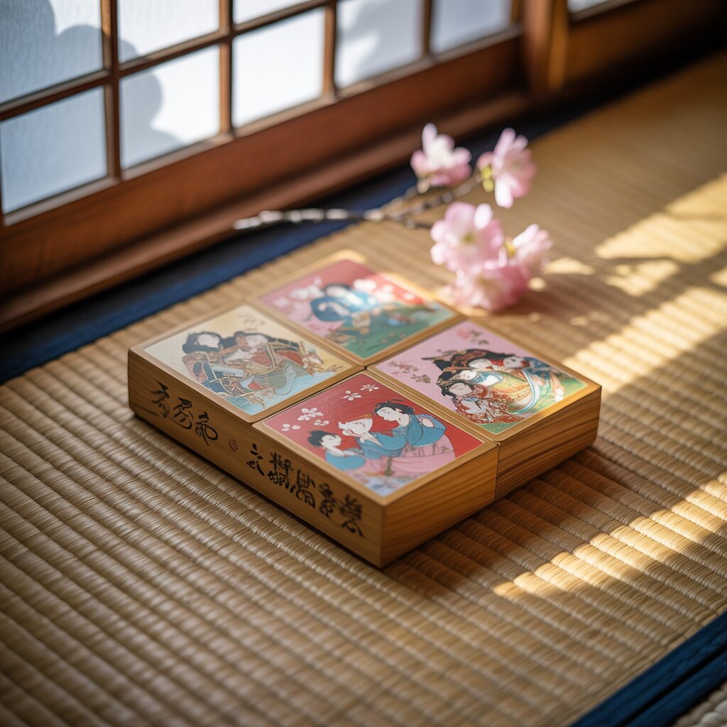 A decorative box with colorful illustrations and Japanese text sits on a tatami mat near a window, with pink cherry blossoms placed beside it.
