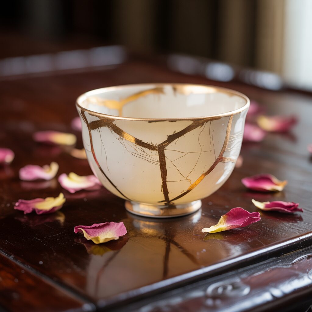 A ceramic bowl repaired with gold kintsugi technique sits on a wooden surface surrounded by scattered rose petals.