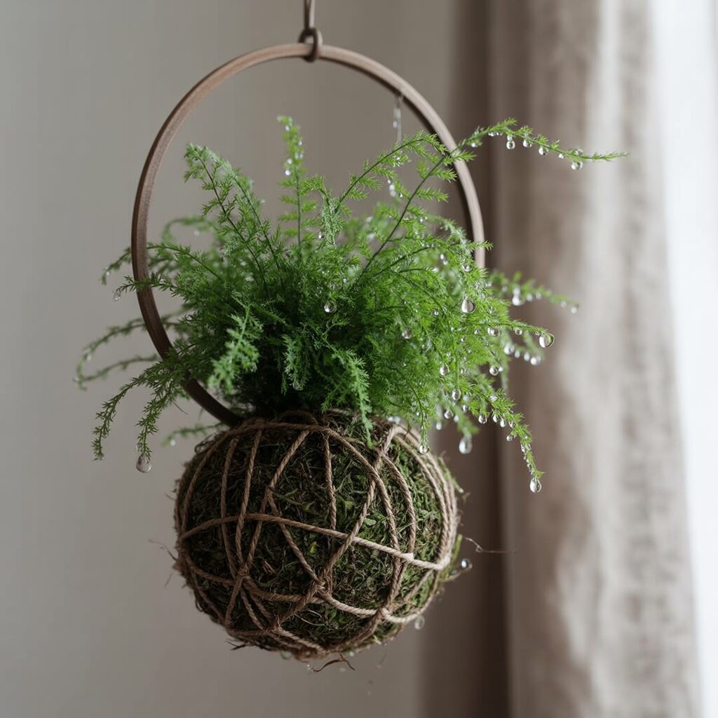 A kokedama fern with water droplets on its leaves hangs from a circular metal frame next to a curtain in soft natural light.