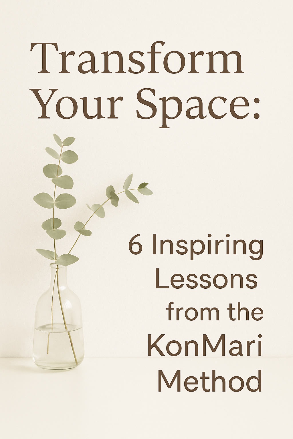 A clear glass vase with eucalyptus branches sits against a pale background. Text reads: "Transform Your Space: 6 Inspiring Lessons from the KonMari Method.