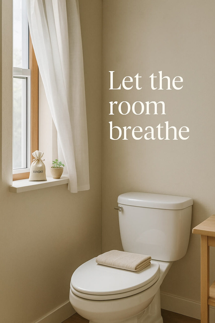 A minimalist bathroom with a white toilet, a folded towel on the seat, a window with sheer curtains, a small decorative bottle, and the text "Let the room breathe" on the wall.