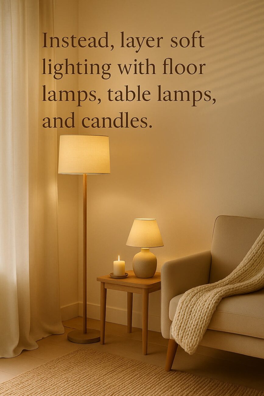 A living room corner with a floor lamp, table lamp, and candle on a side table next to a beige armchair and curtain; text on the wall suggests layering soft lighting.