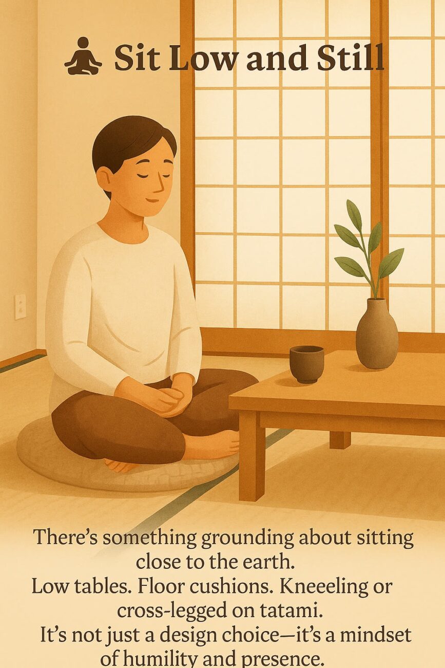 A person sits cross-legged on a floor cushion next to a low table with a cup and a plant in a minimal, traditional room with shoji screens. Text describes the benefits of sitting low.