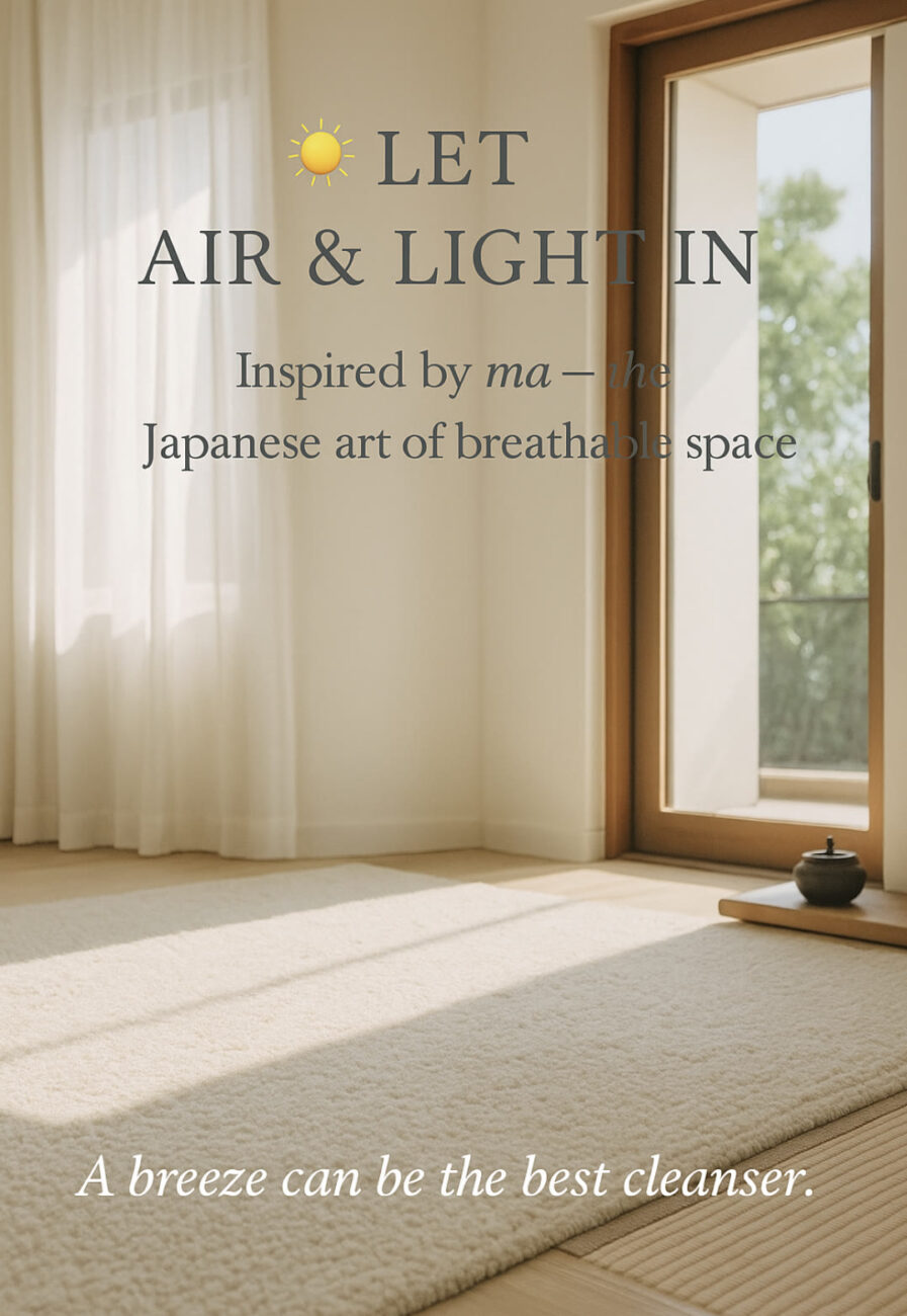 Minimalist room with soft sunlight, open door to greenery, tatami mats, and a white rug. Text reads, "Let air & light in. Inspired by ma—the Japanese art of breathable space.