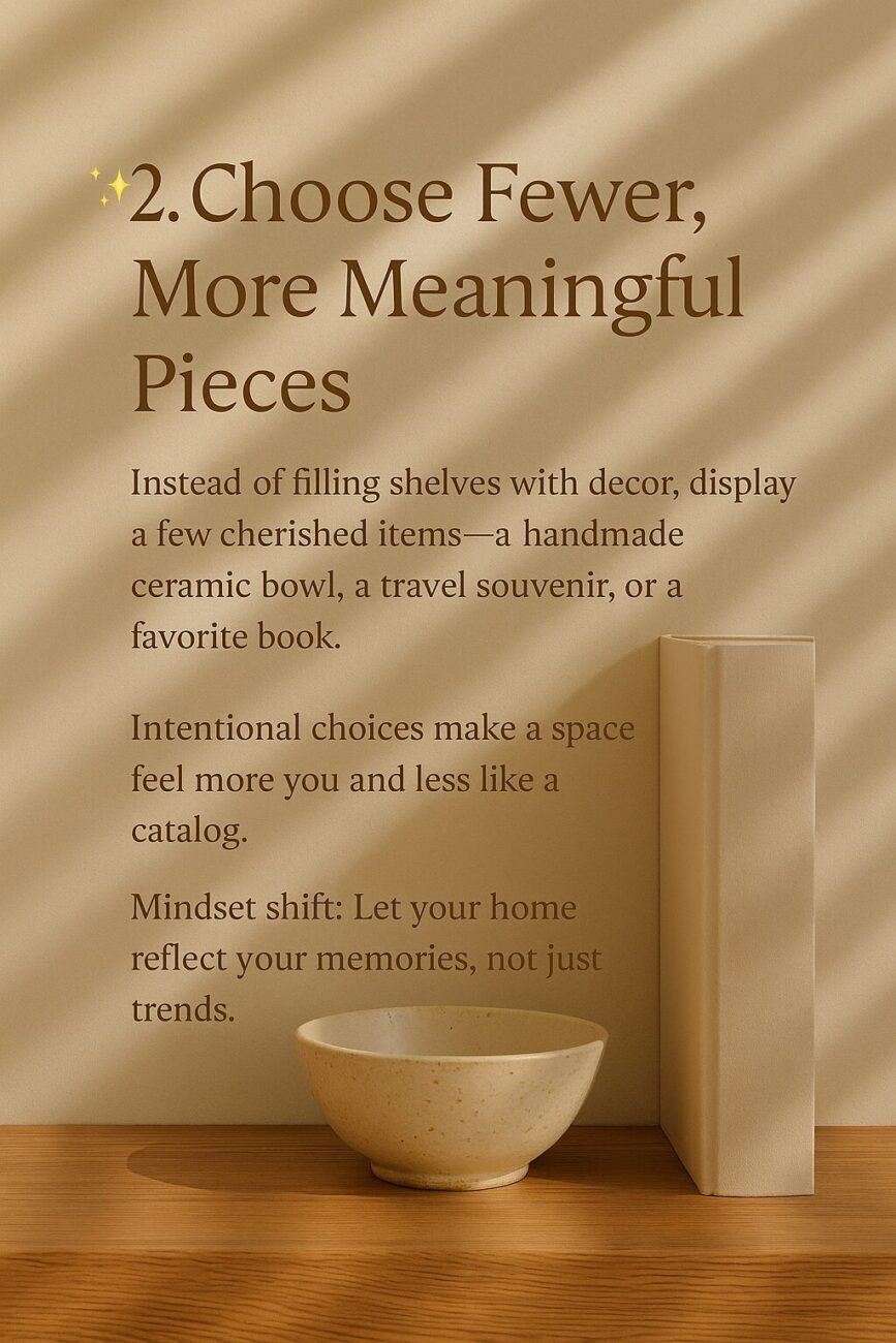 A beige ceramic bowl and an upright book are displayed on a wooden surface with text about choosing fewer, meaningful decor pieces; sunlight casts striped shadows on the wall.