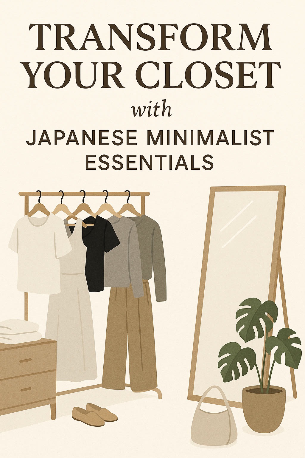 A minimalist closet with neutral clothing on a rack, a mirror, dresser, plant, shoes, and a handbag. Text reads: "Transform Your Closet with Japanese Minimalist Essentials.