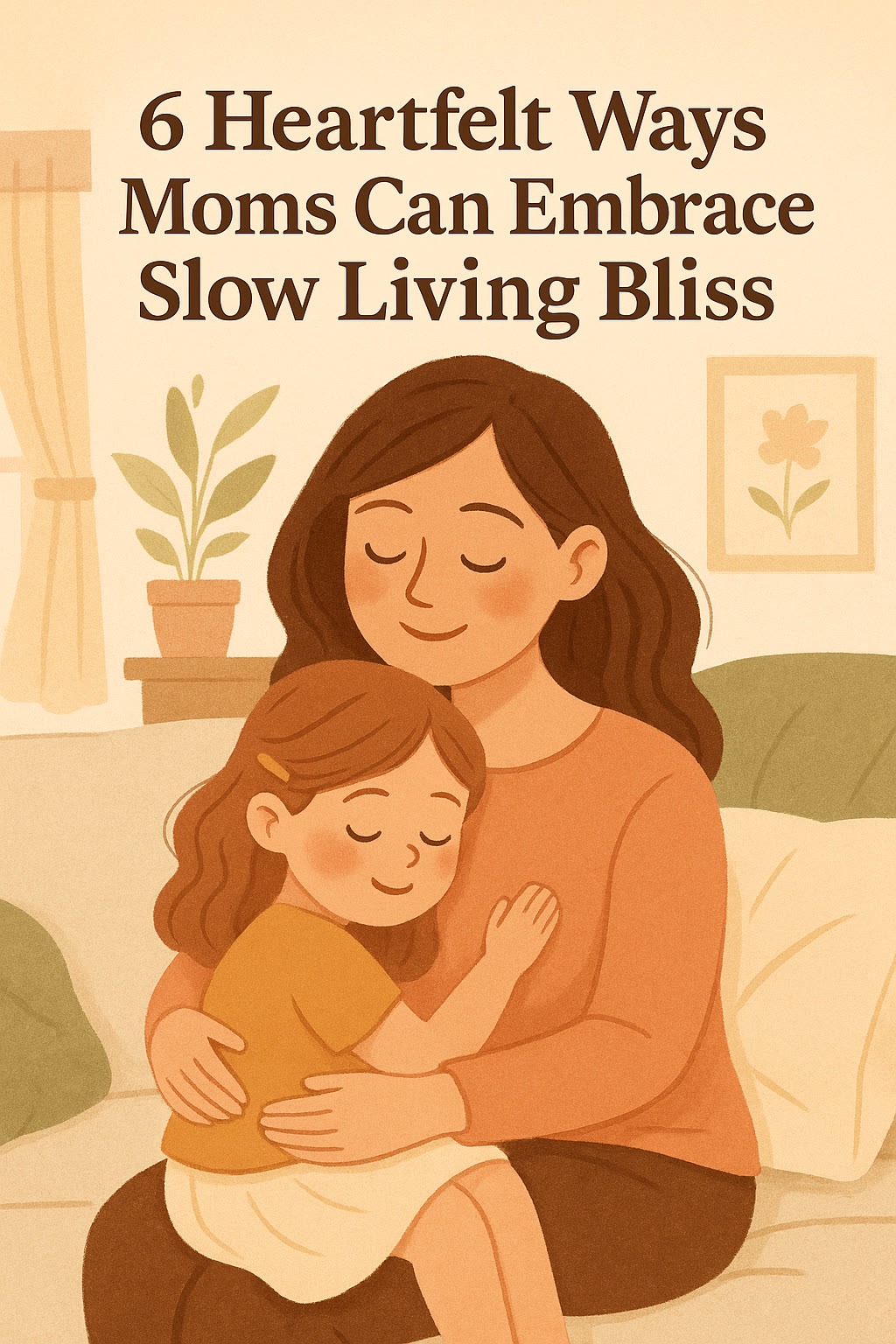 An illustration of a mother and daughter hugging on a couch, accompanied by the text: "6 Heartfelt Ways Moms Can Embrace Slow Living Bliss.