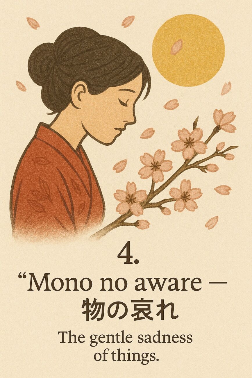 Illustration of a woman in a red kimono beside cherry blossoms and a yellow sun, with the text "Mono no aware — The gentle sadness of things.