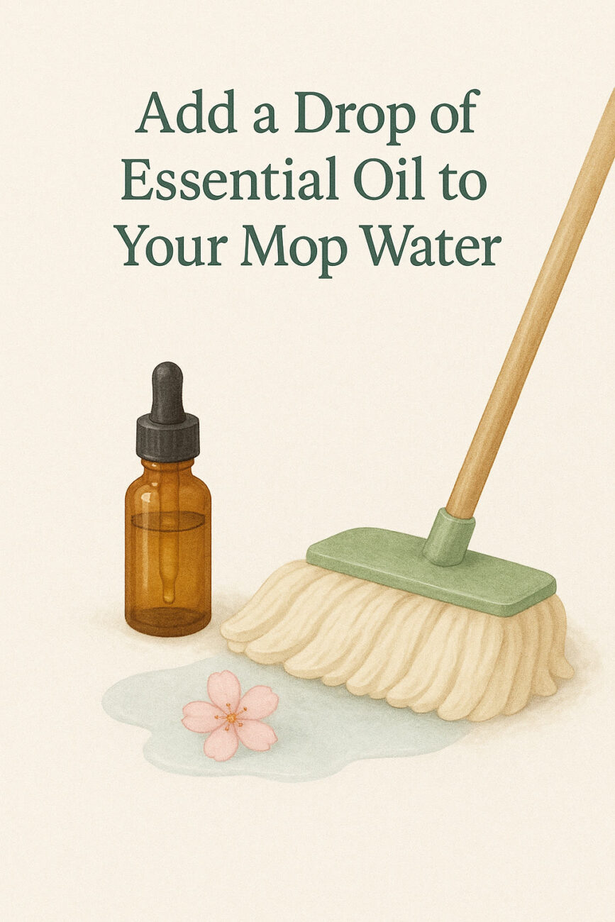 A mop, a small essential oil bottle, and a pink flower beside a puddle illustrate adding essential oil to mop water.