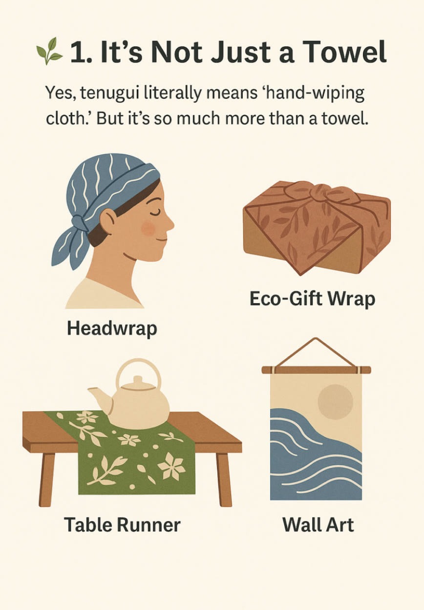 An illustrated guide shows four uses for a tenugui: as a headwrap, eco-gift wrap, table runner, and wall art, with corresponding images for each use.