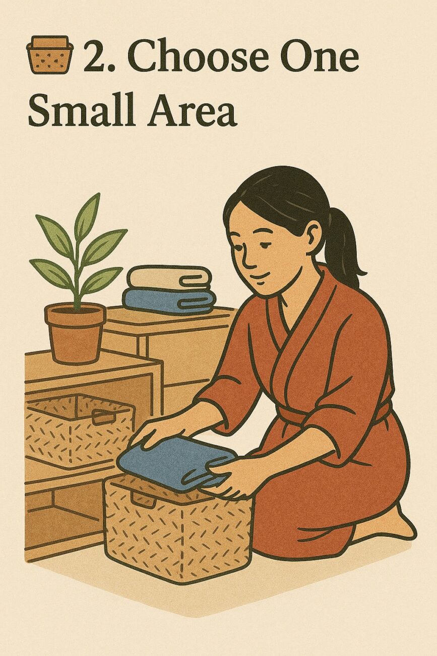 Illustration of a woman in a robe organizing folded clothes into a basket, with a plant and drawers nearby. Text reads, “2. Choose One Small Area.”.