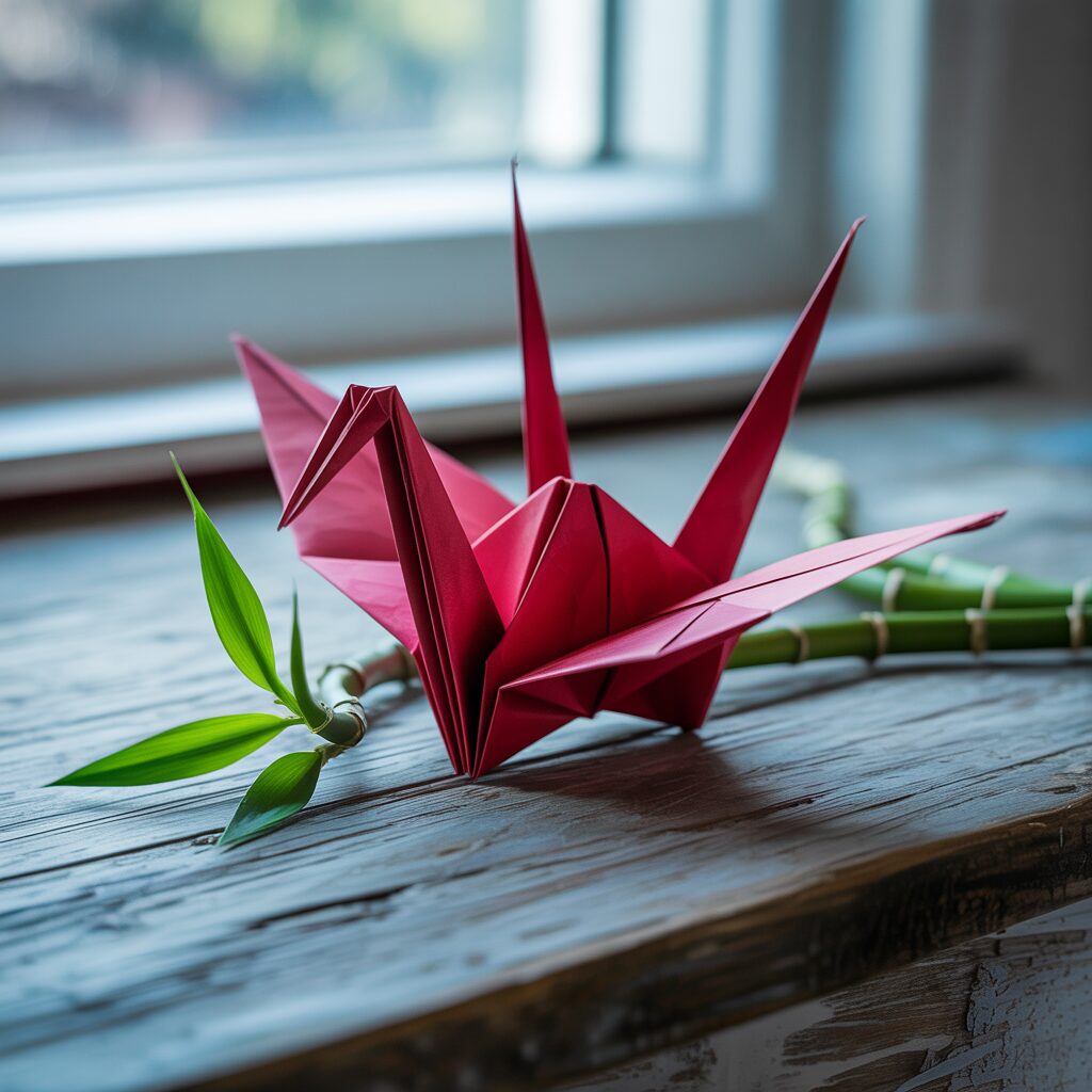 A red origami crane sits on a wooden table beside a small bamboo stalk with green leaves, near a window with natural light.