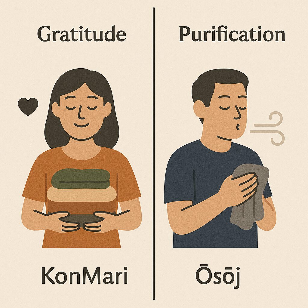Illustration of a woman holding folded clothes labeled "KonMari" under "Gratitude," and a man cleaning a cloth labeled "Ōsōji" under "Purification.