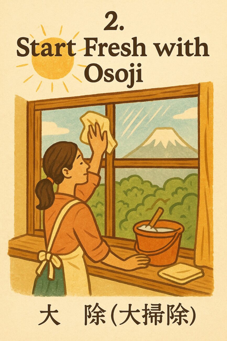 Illustration of a woman cleaning a window with a cloth, bucket, and sponge, with Mount Fuji and trees visible outside. Text reads “2. Start Fresh with Osoji” and Japanese characters below.
